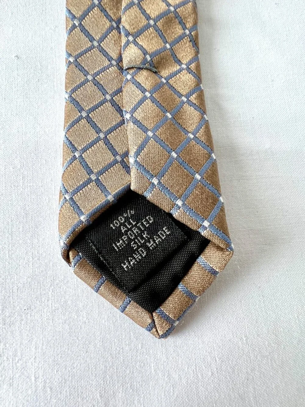 Claiborne Tie, Silk, Handmade, Gold and Blue Diamond Geometric Design, EC!